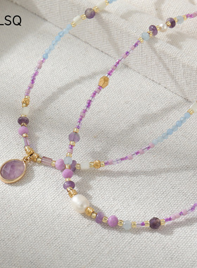 新款紫色天然石项链女串珠锁骨链法式轻奢叠戴小众设计颈链