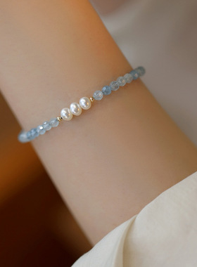 赛赛莉安海蓝宝天然珍珠14K包金光泽感气质幸运高级小众轻奢手链