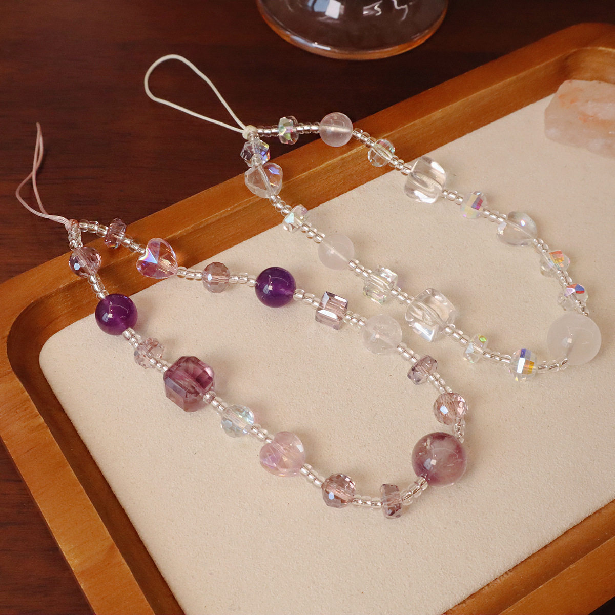 爆闪天然白水晶紫水晶手机挂绳手机链新款手腕水晶链春夏设计款