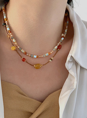 敦煌天然石项链中古串珠玛瑙新中式复古锁骨链女高级感轻奢毛衣链