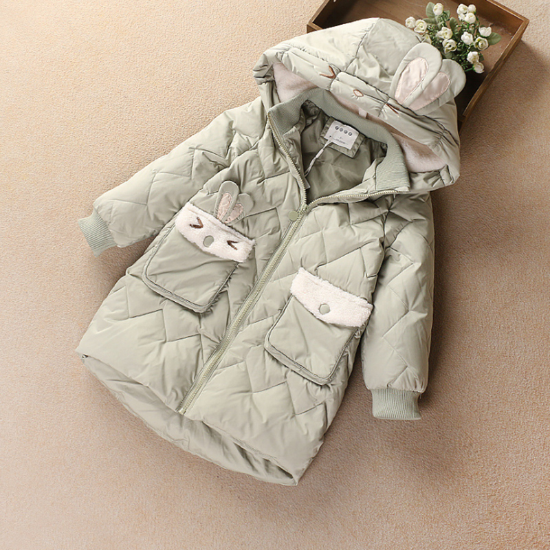 中长款加厚女童可爱小兔帽羽绒服