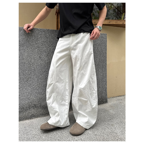 ZICHENG 新款男士白色阔腿休闲裤解构设计弯刀裤韩系慵懒风拖地裤