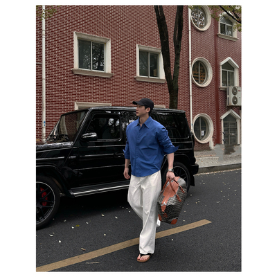 ZICHENG 26ss夏季老钱风慵懒高级克莱因蓝休闲宽松苎麻衬衫