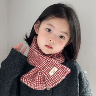 韩系复古儿童格子交叉围巾 洋气简约保暖套口围脖男女童毛线脖套