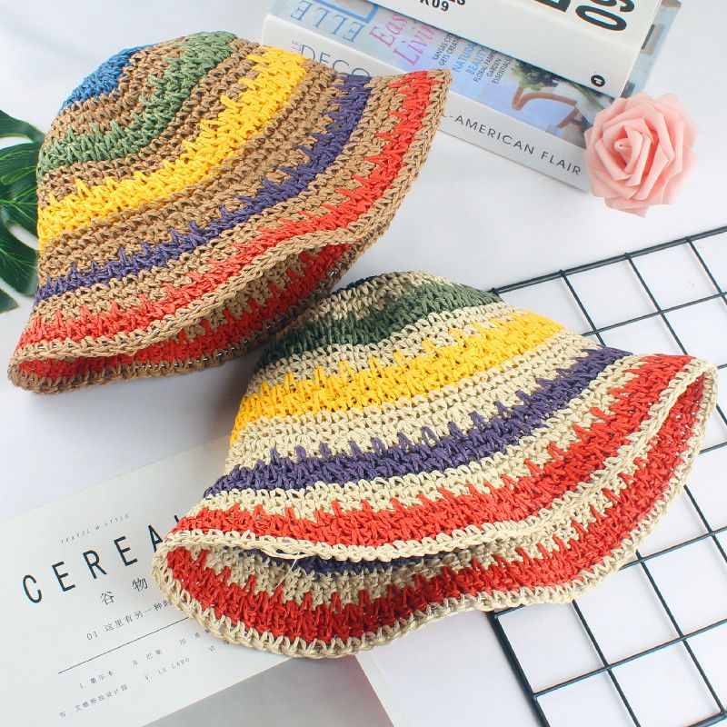 儿童草帽女童夏季拼色彩虹渔夫帽草编镂空宝宝太阳帽公主沙滩盆帽