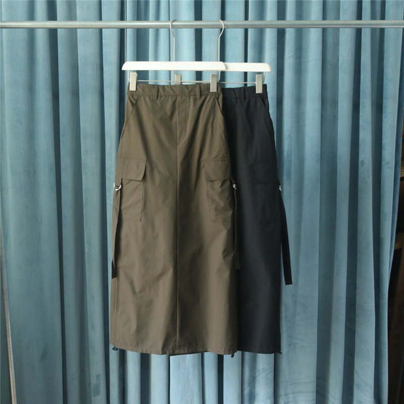 日单工装风多口袋半身长裙女休闲抽绳伞裙军绿色黑色