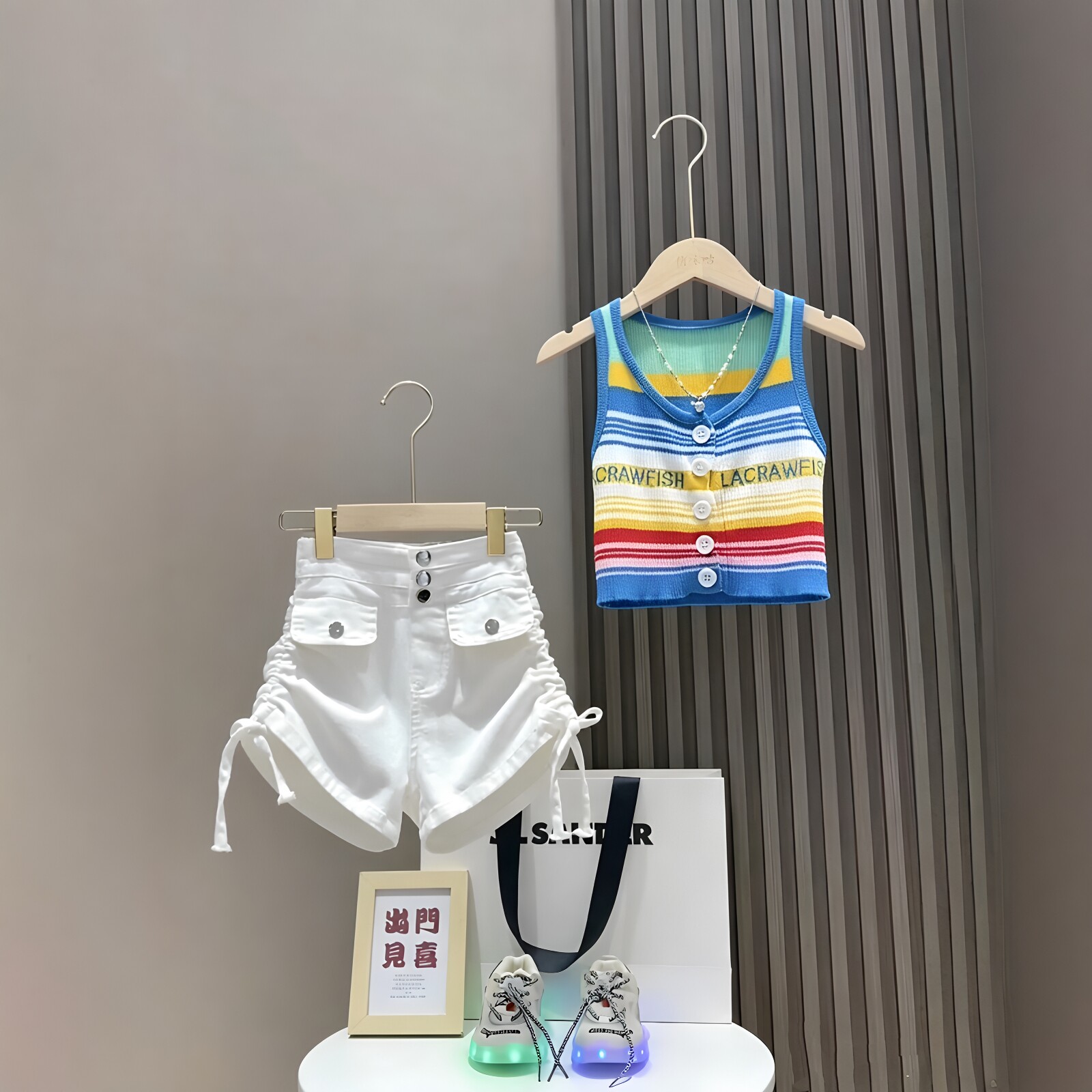 女童彩虹背心抽绳短裤两件套潮