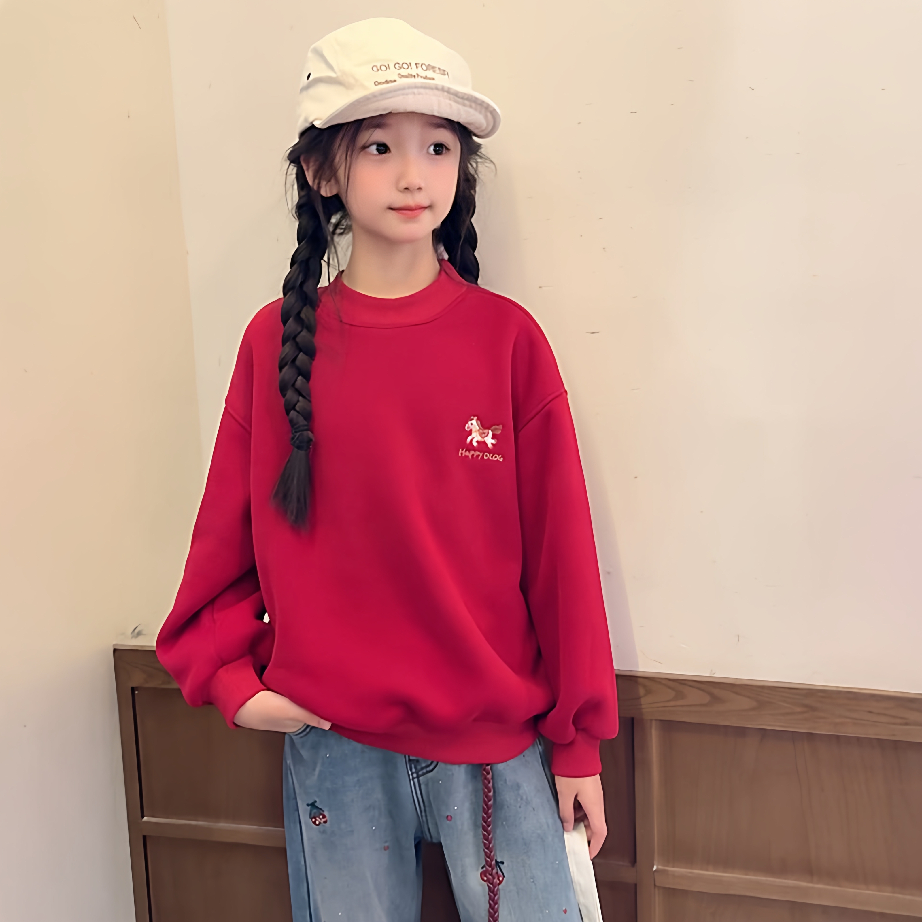 男女童红色小马刺绣圆领加绒卫衣