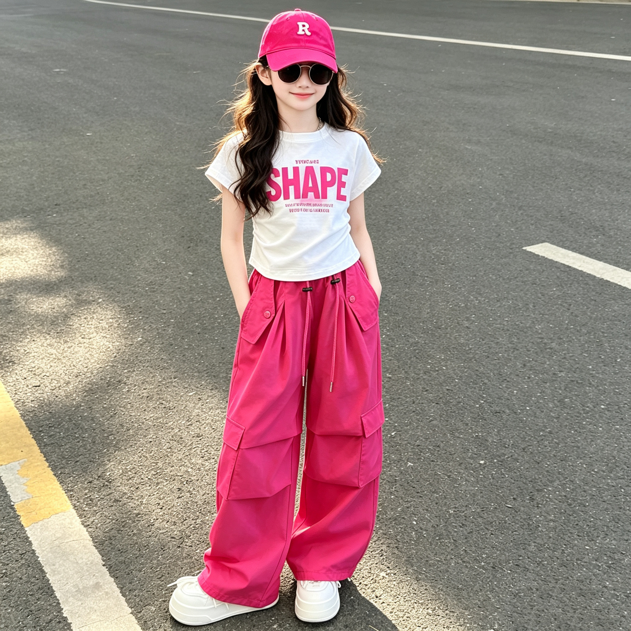 时尚女童夏季多巴胺字母短袖糖果色工装裤炸街跳舞运动休闲套装潮