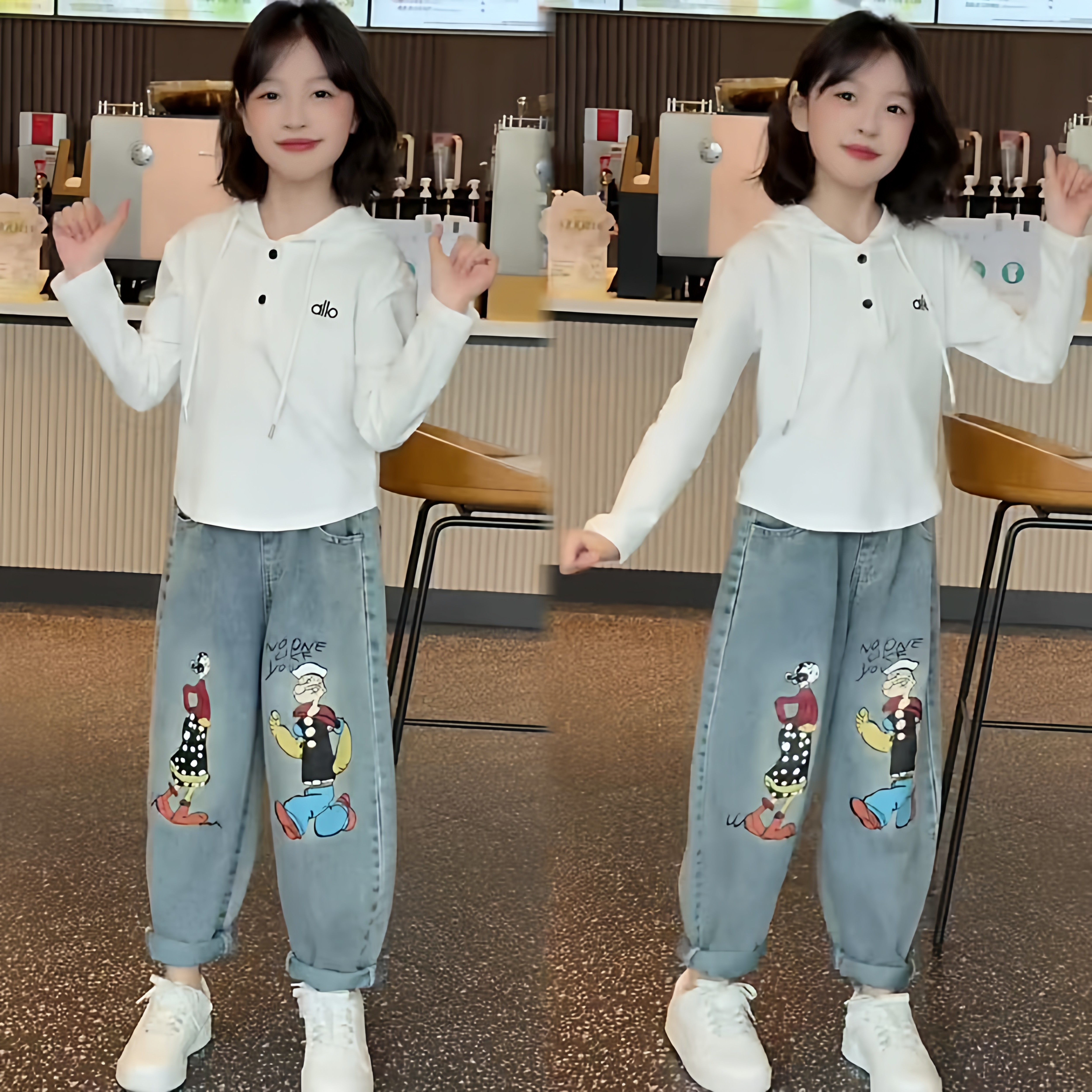 女童春秋韩系字母修身连帽卫衣个性卡通印花牛仔老爹裤炸街套装潮