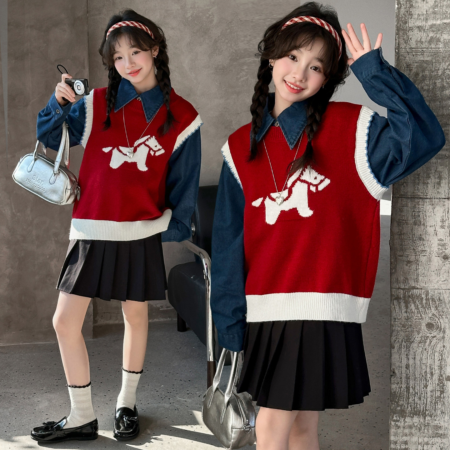 女童春季学院风卡通小马针织背心叠穿复古牛仔衬衫百褶裙三件套韩