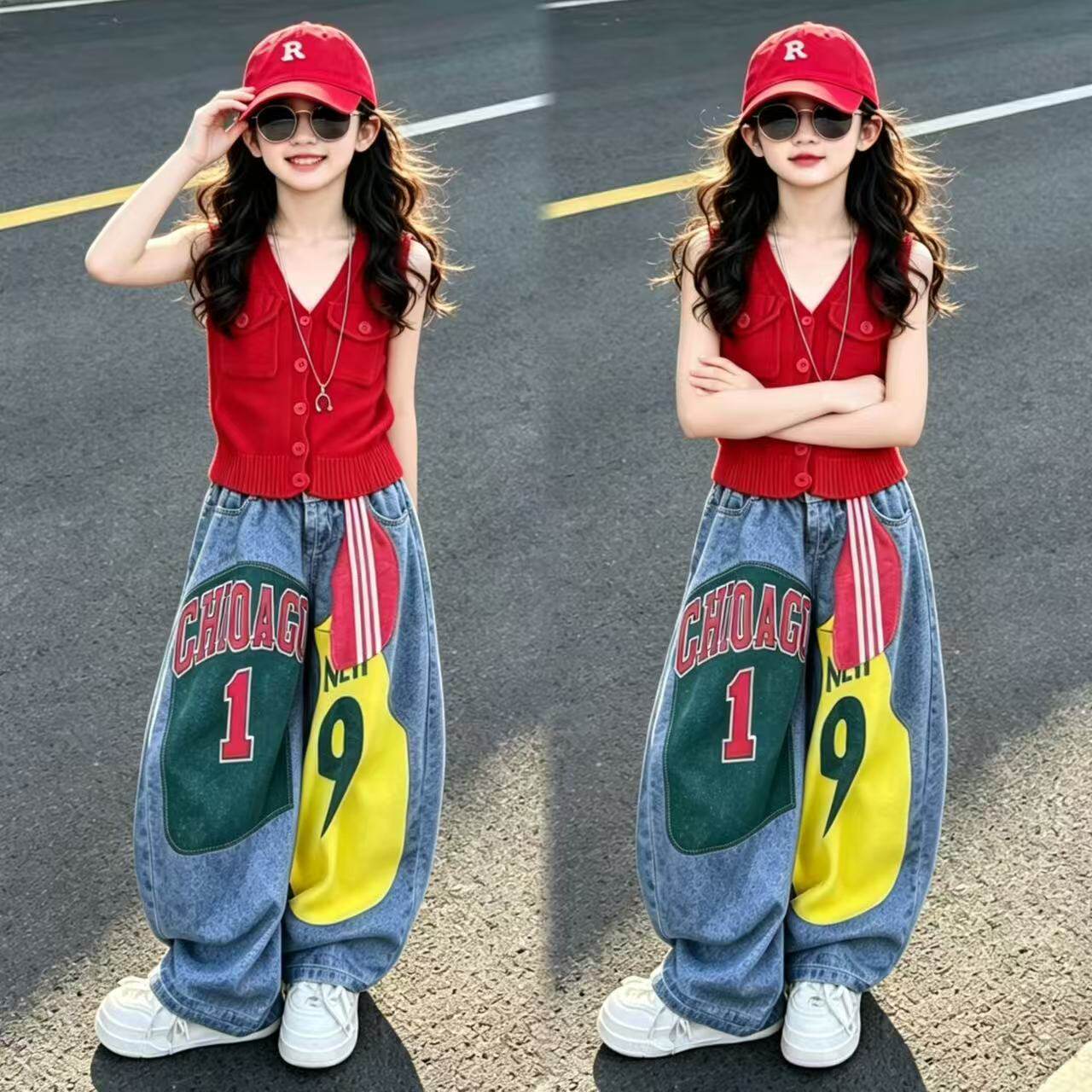 女童针织背心美式牛仔裤套装