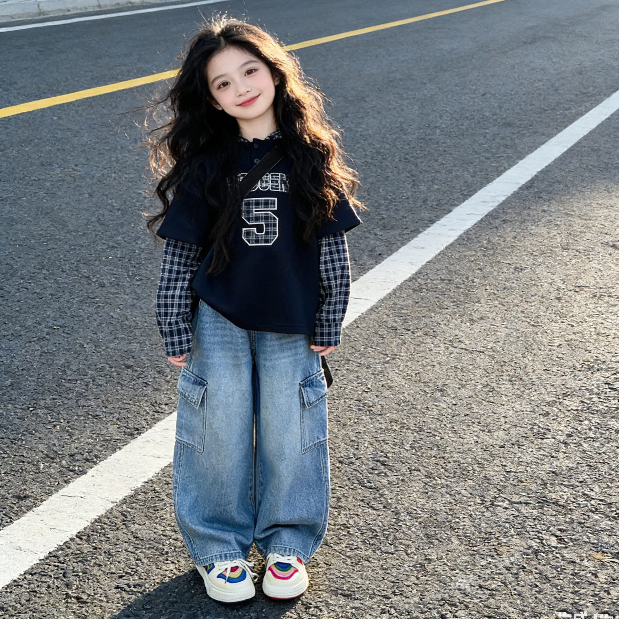 女童美式学院风假两件格子拼接连帽卫衣工装牛仔裤春秋休闲套装潮