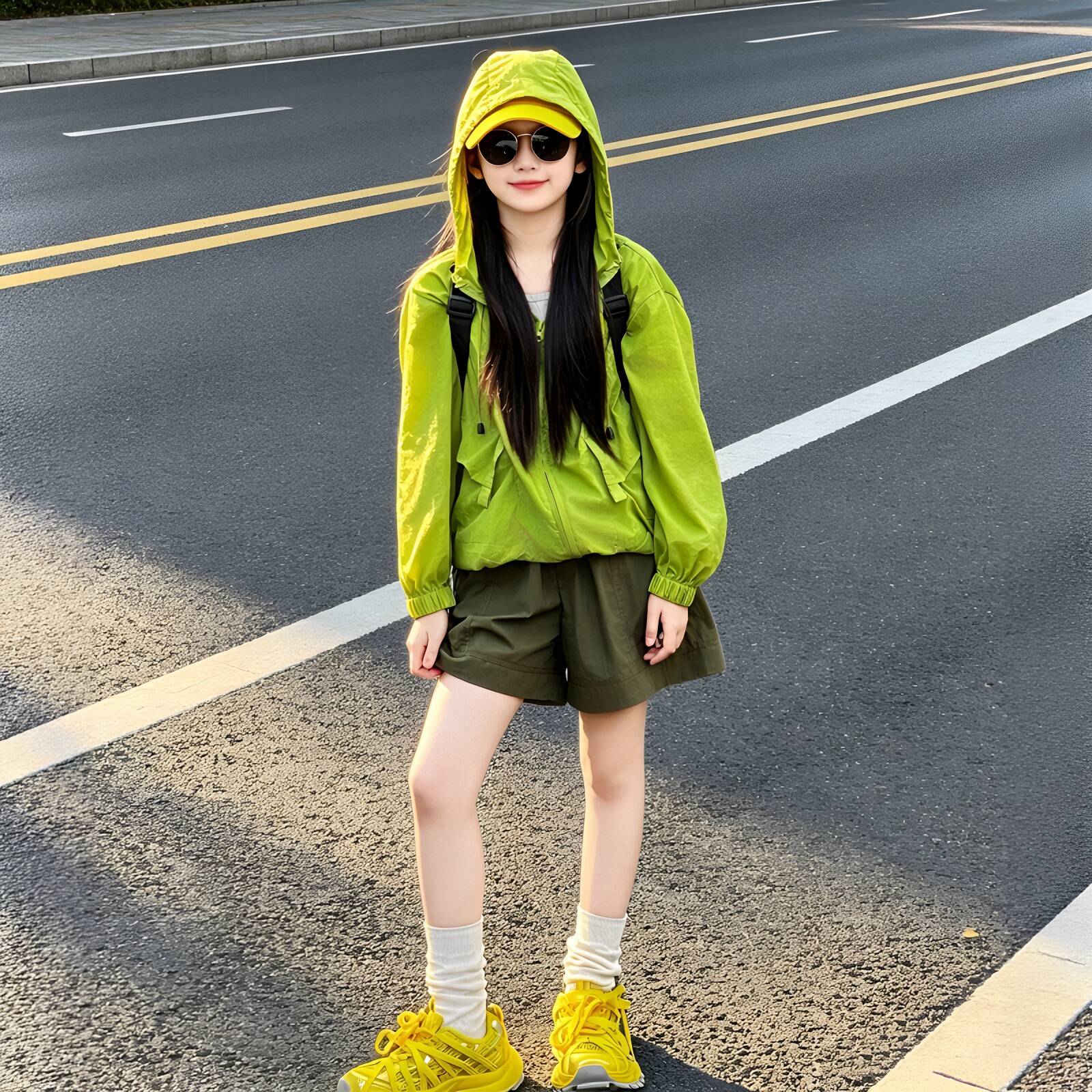 女童绿色连帽户外防晒衣短裤套装