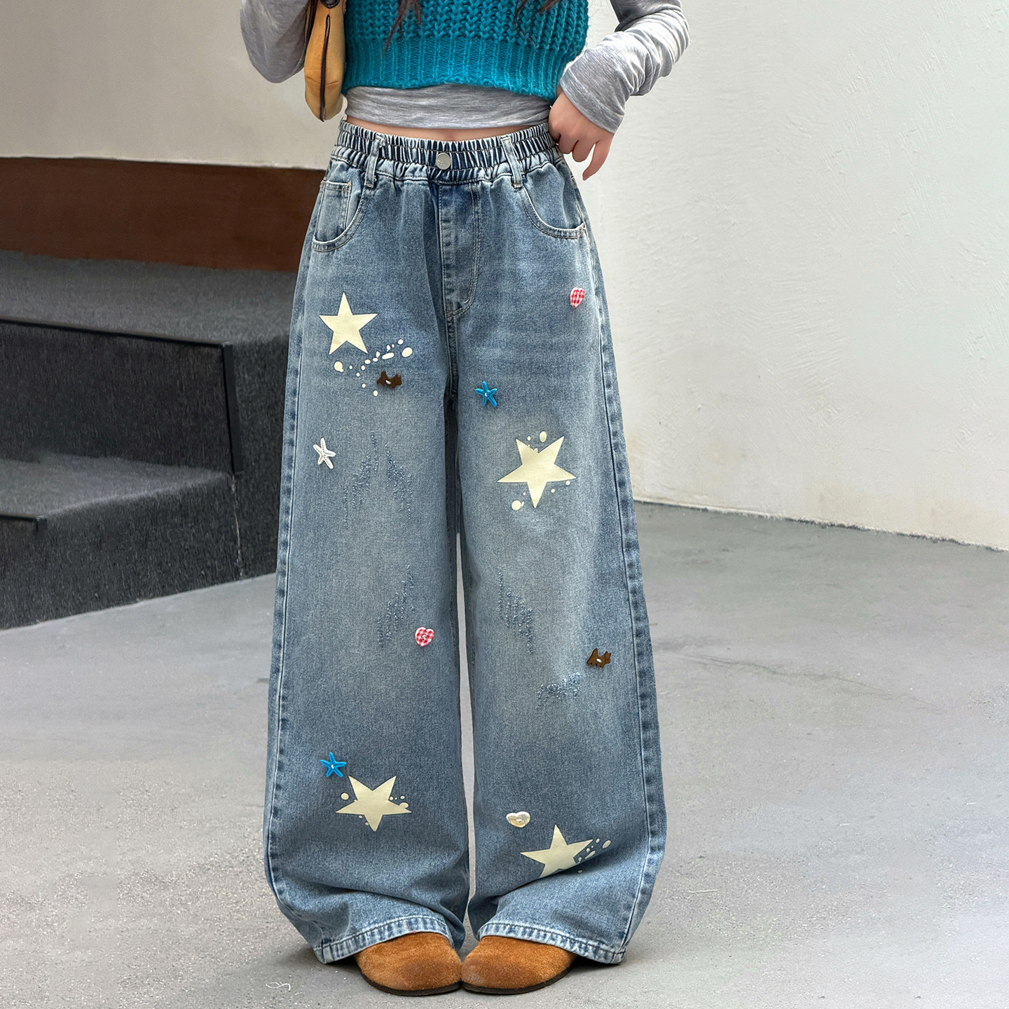 女童多巴胺彩色五角星印花长裤