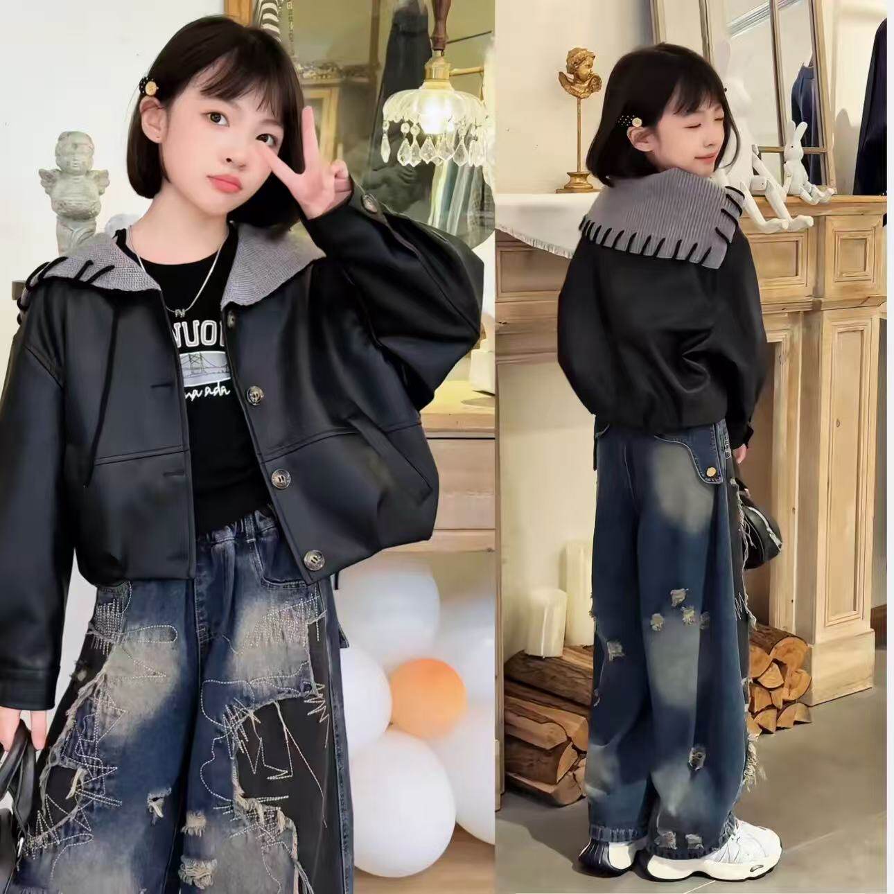 女童洋气针织海军领短款皮衣外套设计感潮酷炸街破洞牛仔裤套装潮