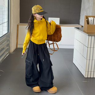 女童秋季时尚黄色运动风连帽拉链卫衣开衫休闲百搭工装裤潮酷套装