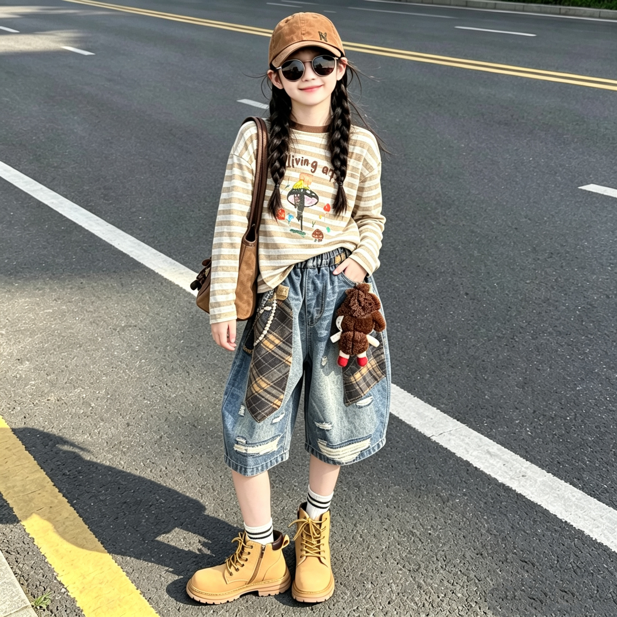 女童防晒长袖衫复古印花中裤套装