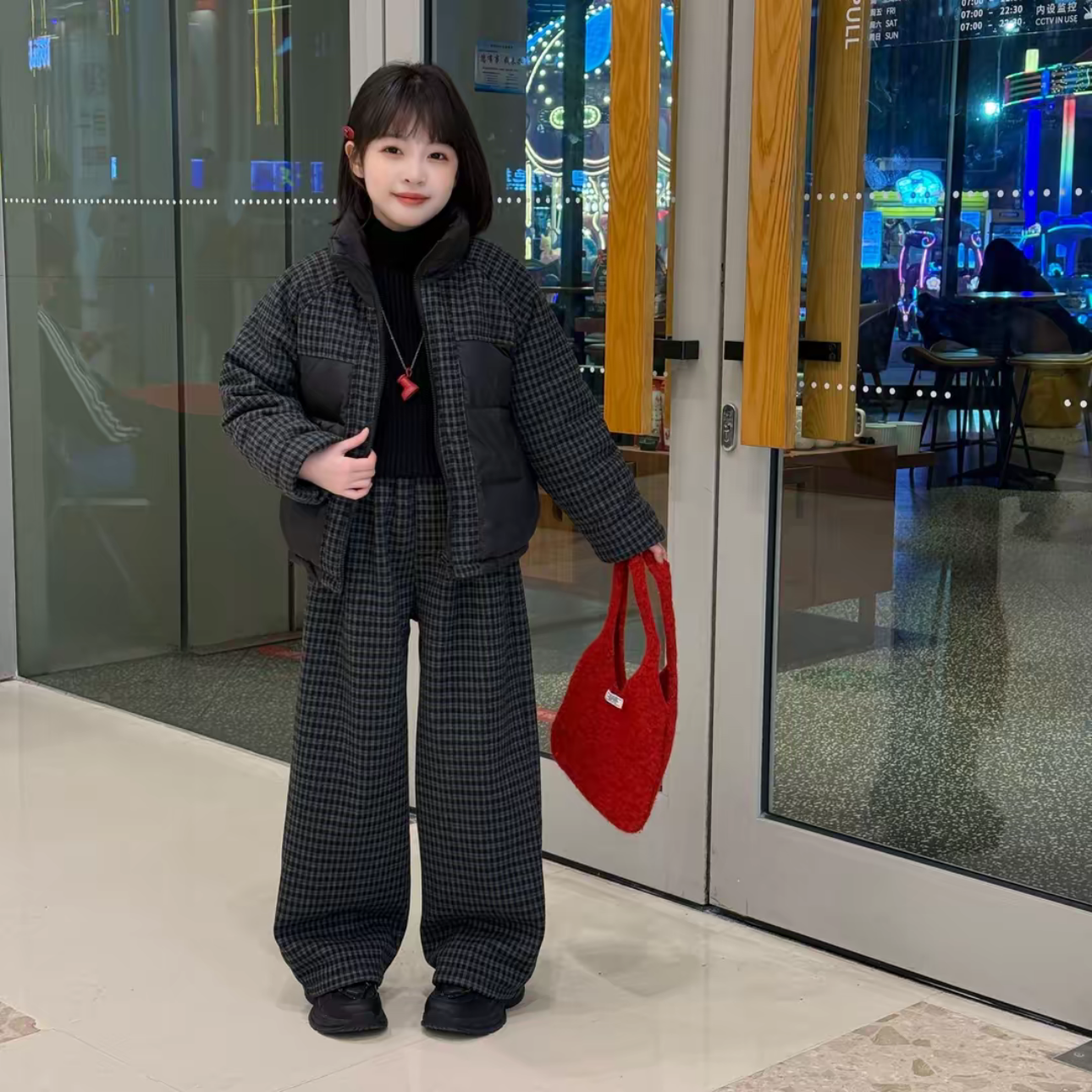 女童格子棉服套装冬季加绒加厚2025新款洋气中大童冬款儿童两件套