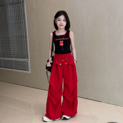 女童夏季撞色背心格子裤套装