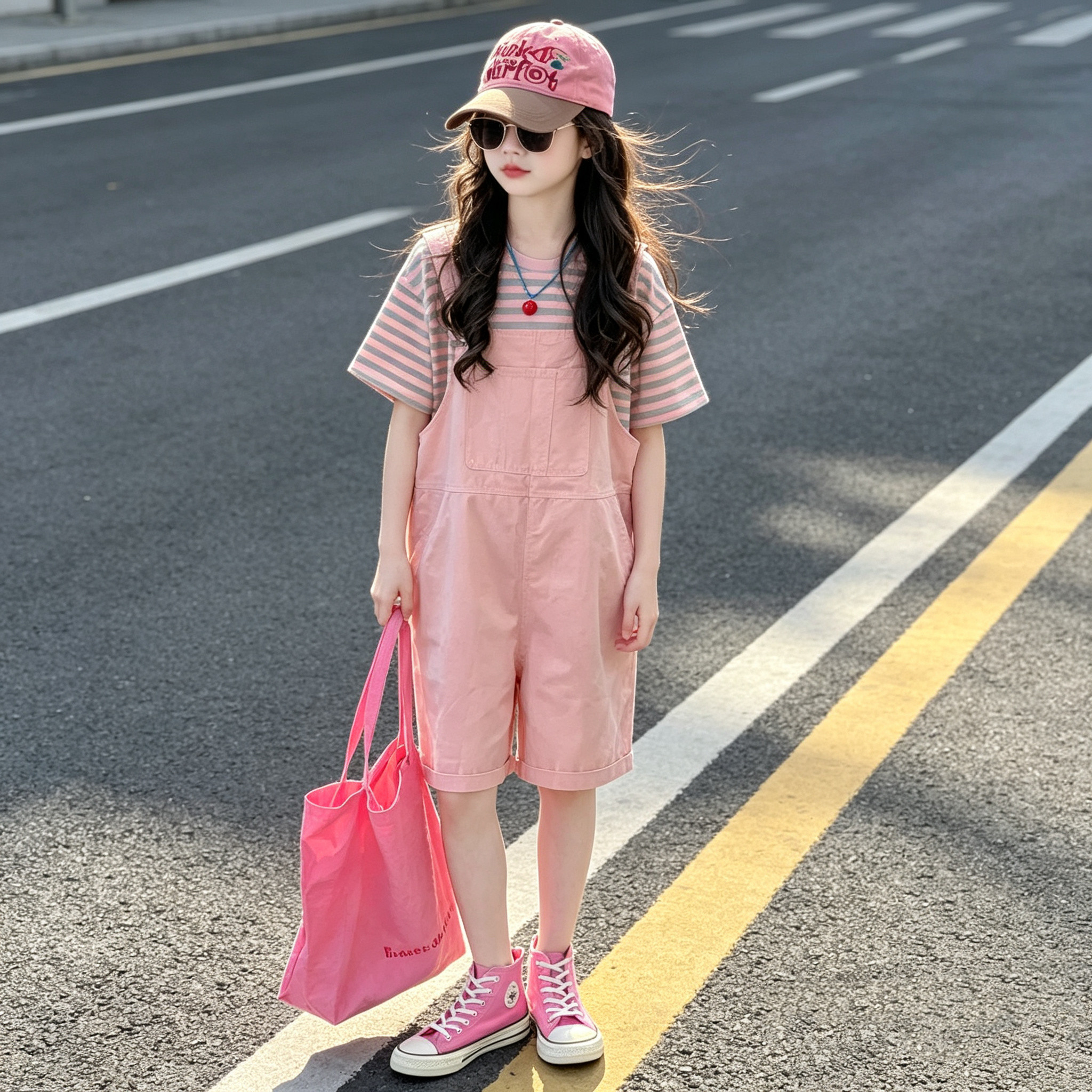 女童背带短裤套装中大童夏季韩版条纹短袖粉色连体裤洋气两件套潮