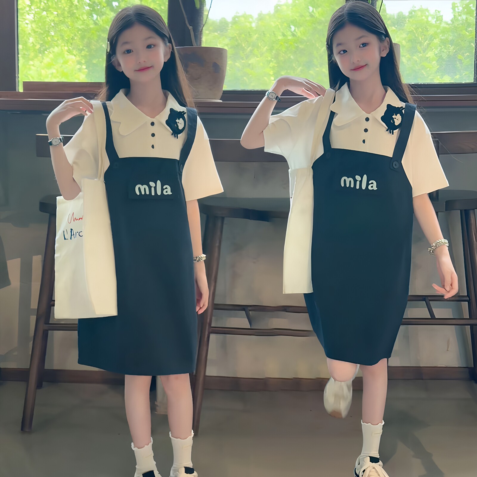 女童假两件POLO领短袖连衣裙