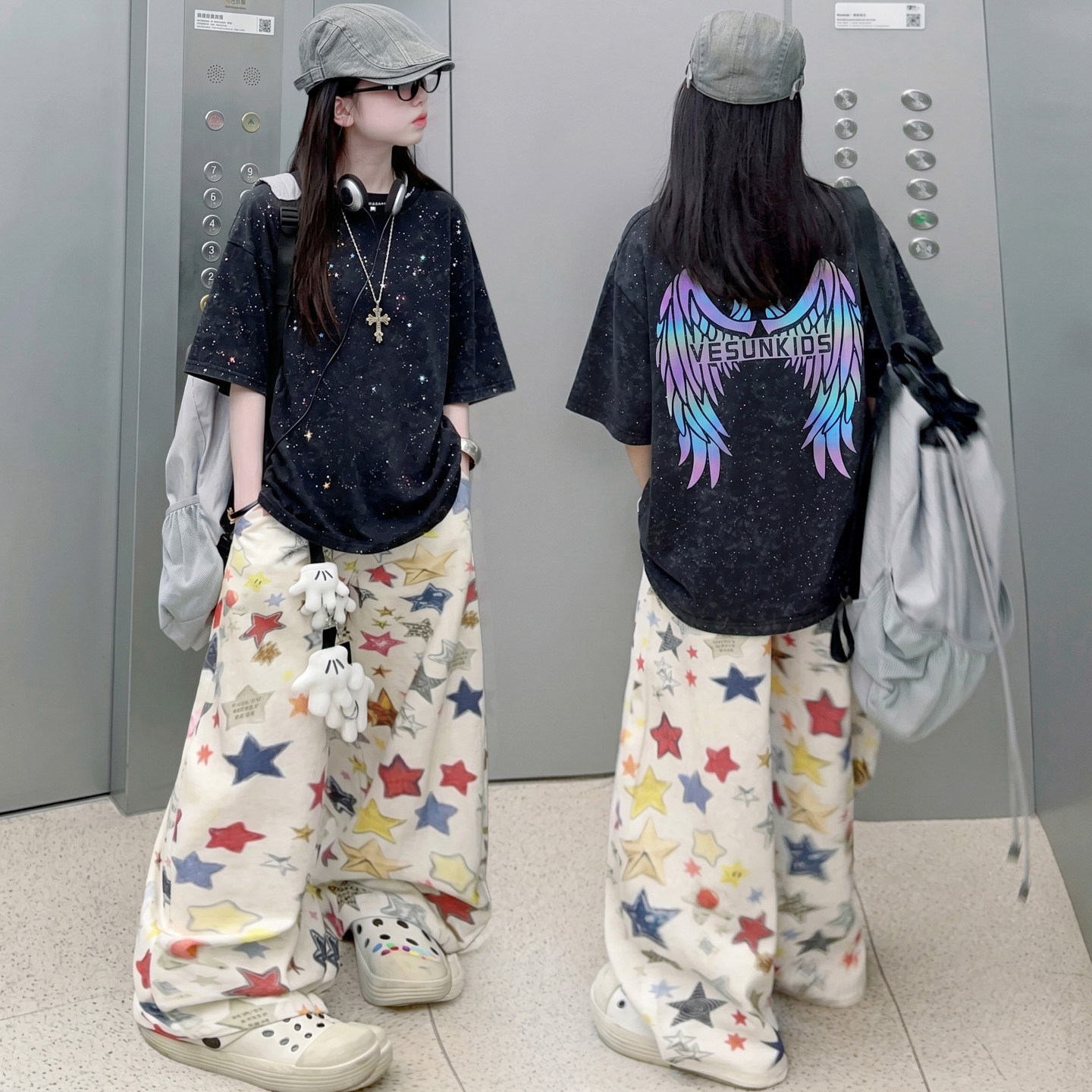 女童撒银短袖多彩五星阔腿裤套装