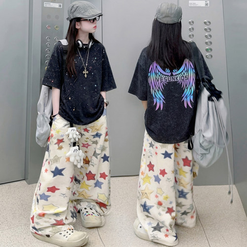 女童撒银短袖多彩五星阔腿裤套装