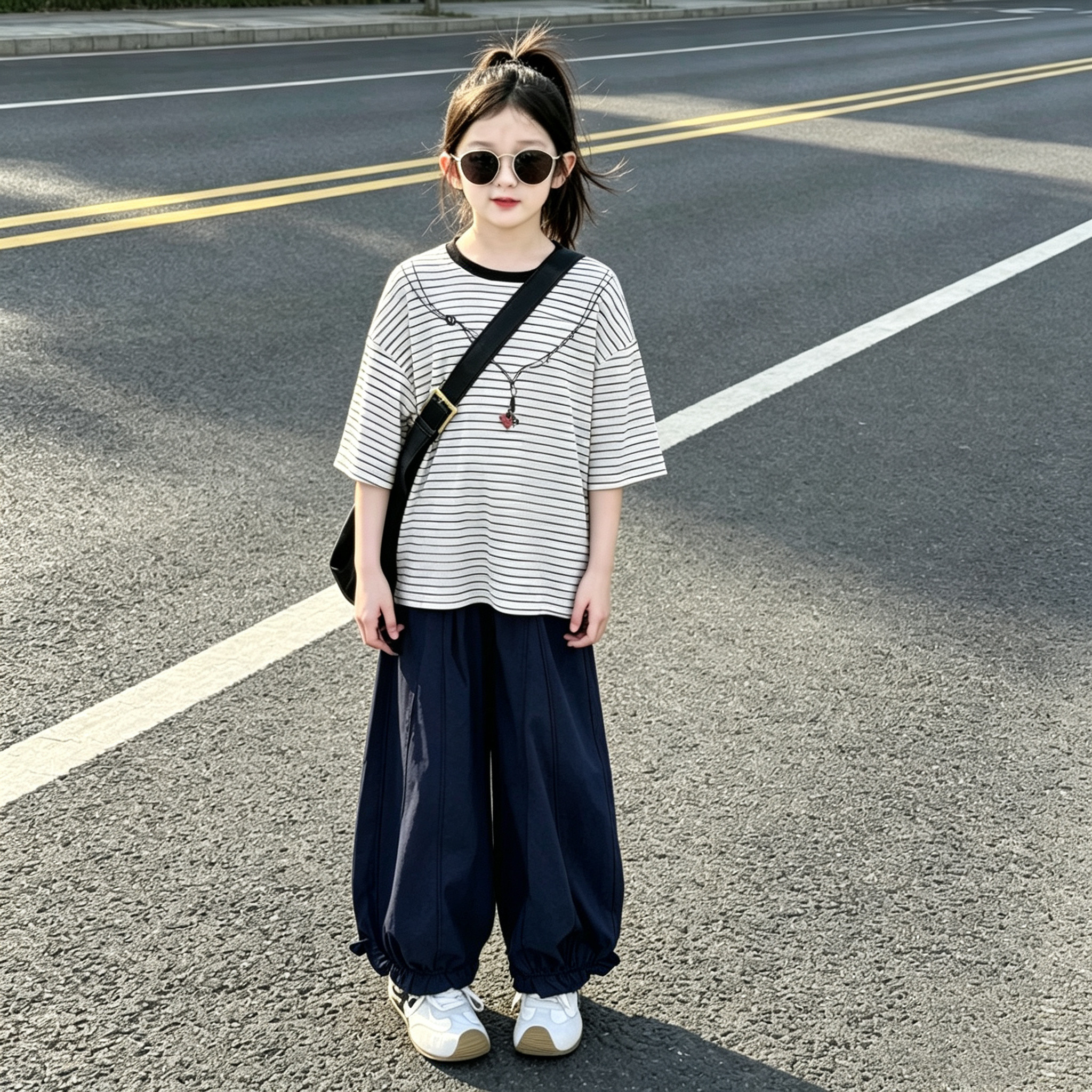 女童学院风条纹T恤灯笼裤套装