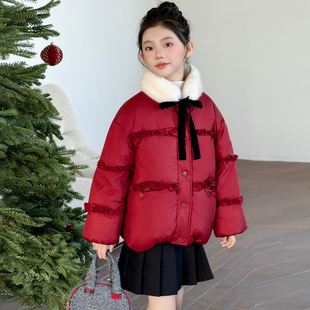 新年红高级感小香风花边拼接冬季女童羽绒棉短款带围巾棉服外套韩