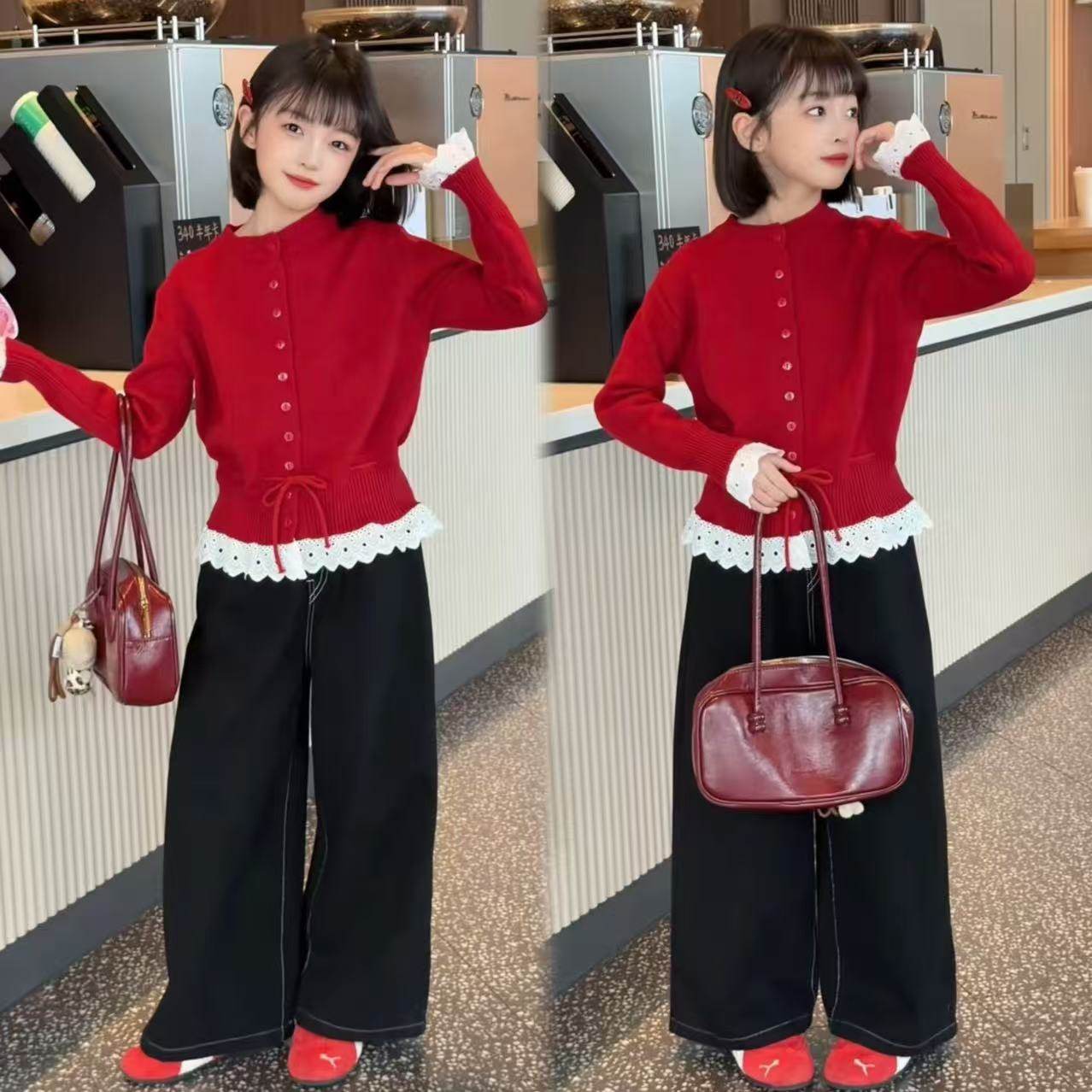 女童法式甜美温柔风蕾丝花边针织毛衣开衫复古牛仔阔腿裤洋气套装