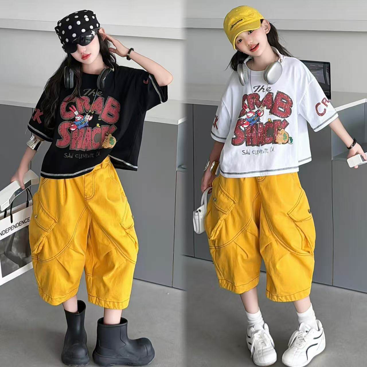 女童字母印花短袖工装五分裤套装