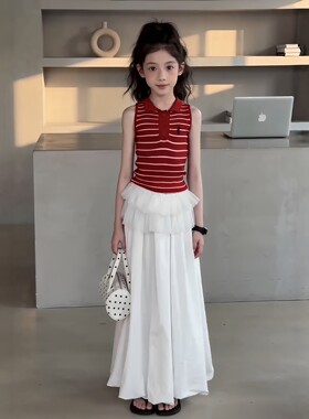 女童条纹POLO领背心半身裙套装
