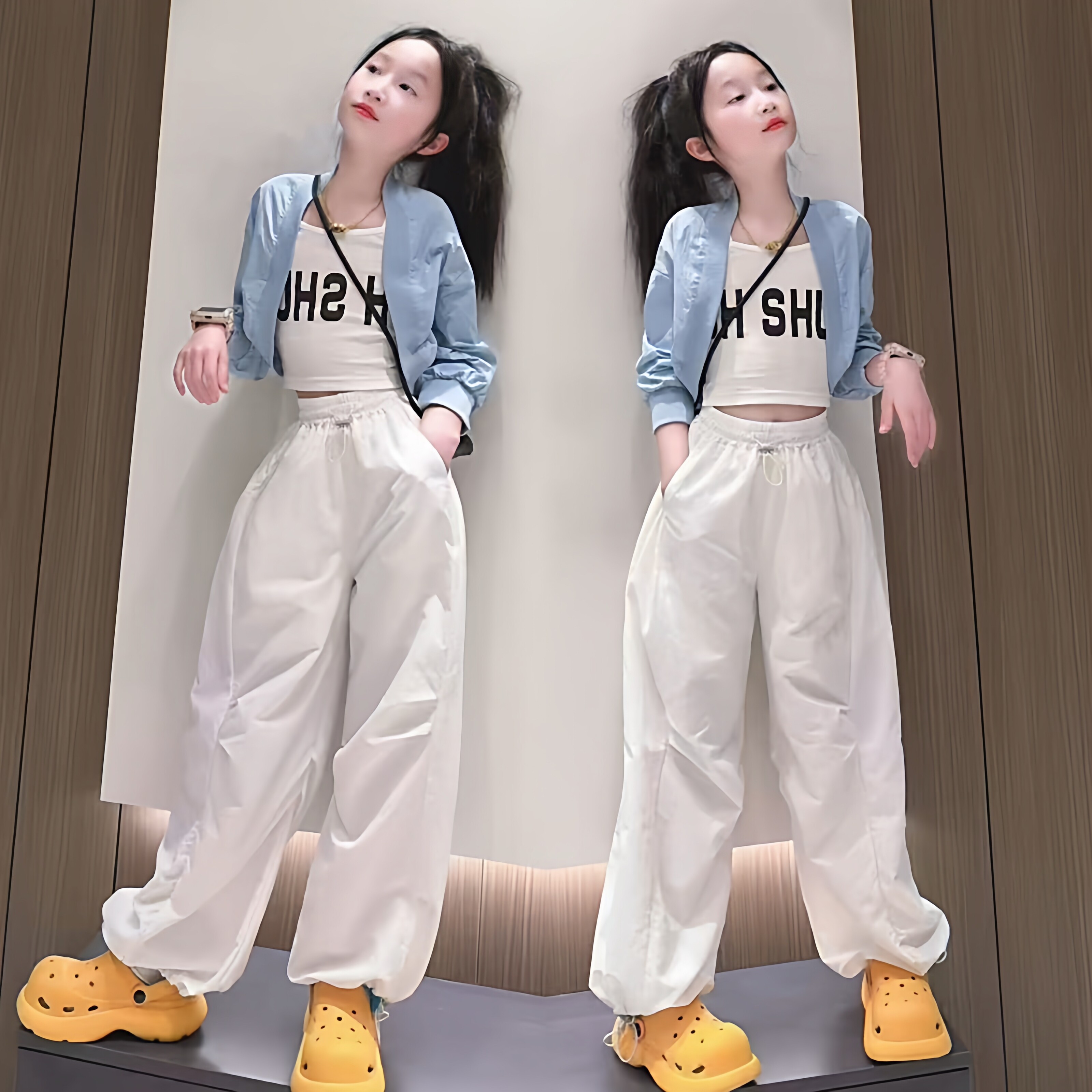 女童开衫字母吊带工装裤三件套