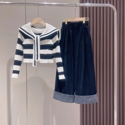 女童条纹毛衣开衫卷边阔腿裤套装
