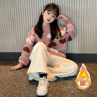 韩系卡通立体小狗女童加厚圆领粉色爱心毛衣一体绒阔腿裤洋气套装