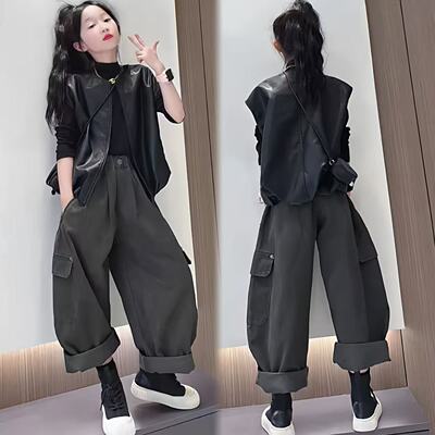 女童皮衣马甲外套工装裤套装潮