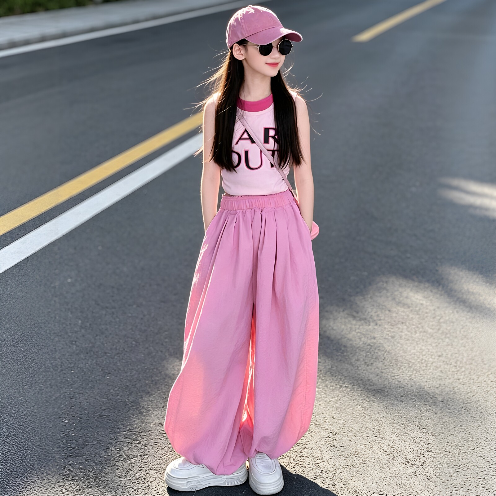 女童字母背心女童花苞阔腿裤套装