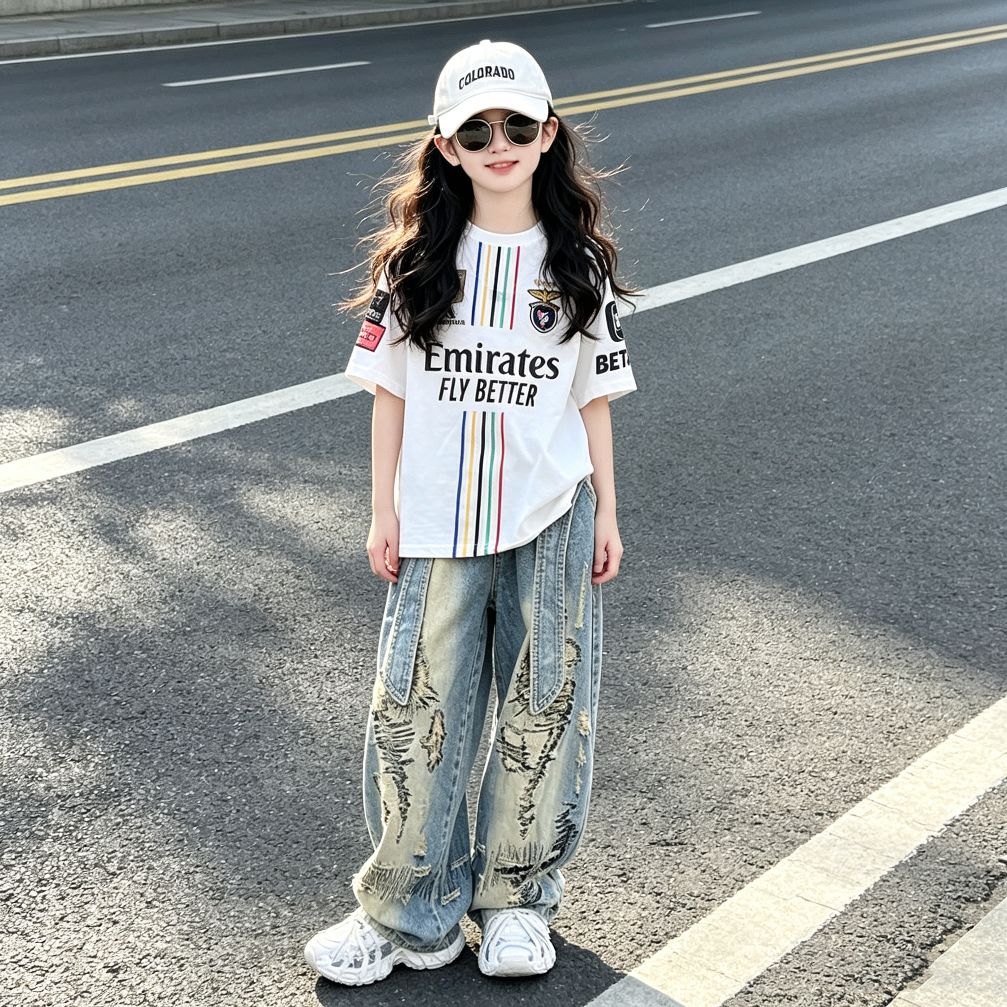 女童运动风T恤做旧牛仔裤套装