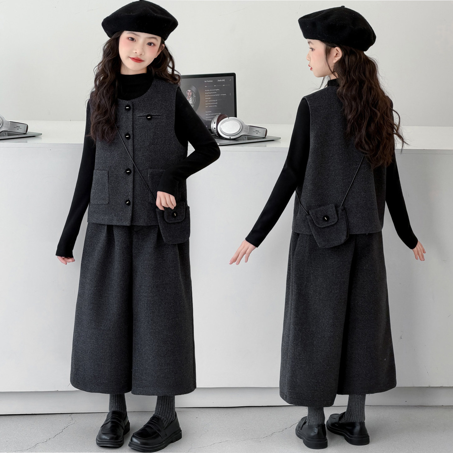 女童秋冬高级感格雷系灰色毛呢马甲打底衫八分阔腿裤时髦三件套韩,童装/婴儿装/亲子装,套装,淘宝优惠券,粉丝福利购,淘宝优惠卷