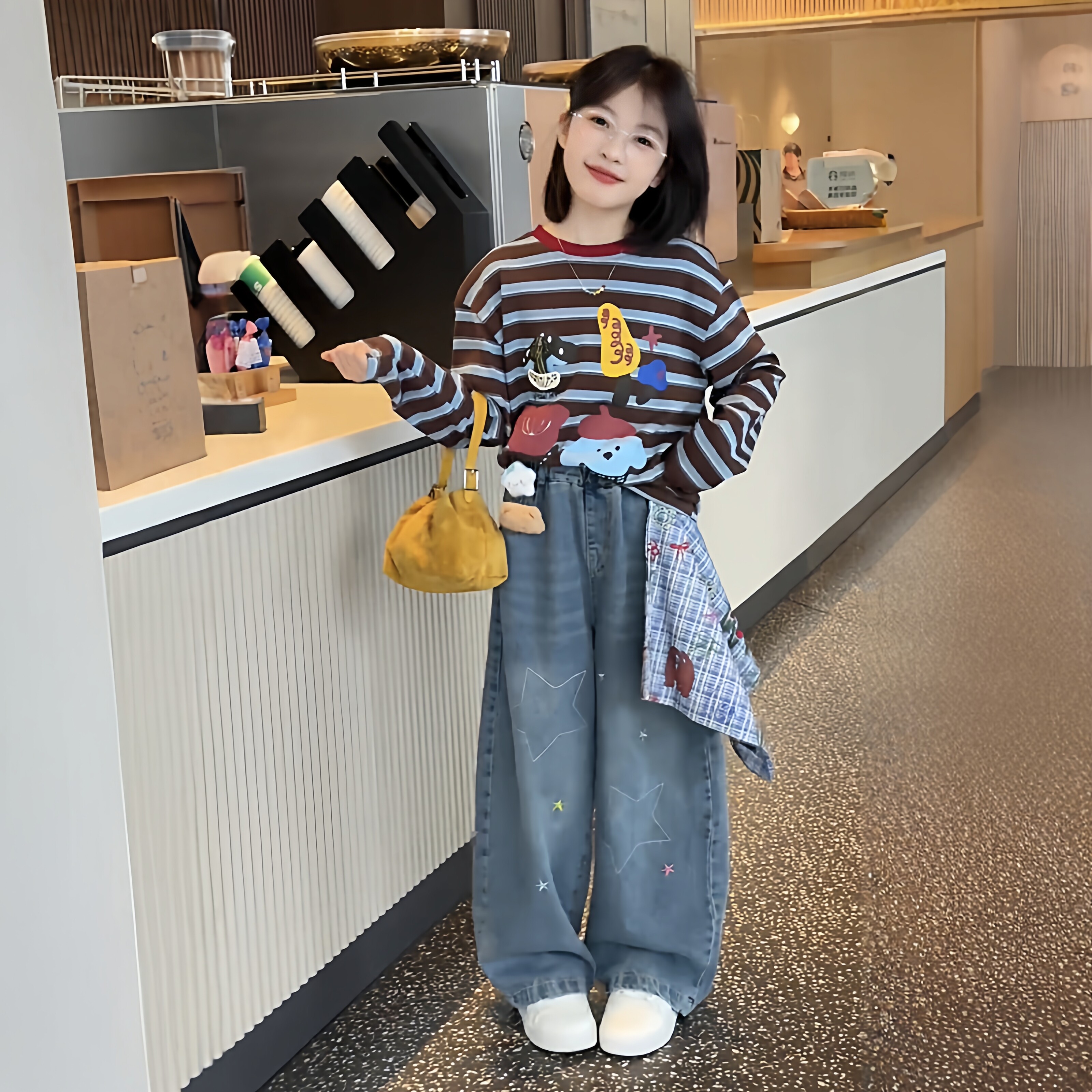 女童卡通条纹长袖弯刀裤套装