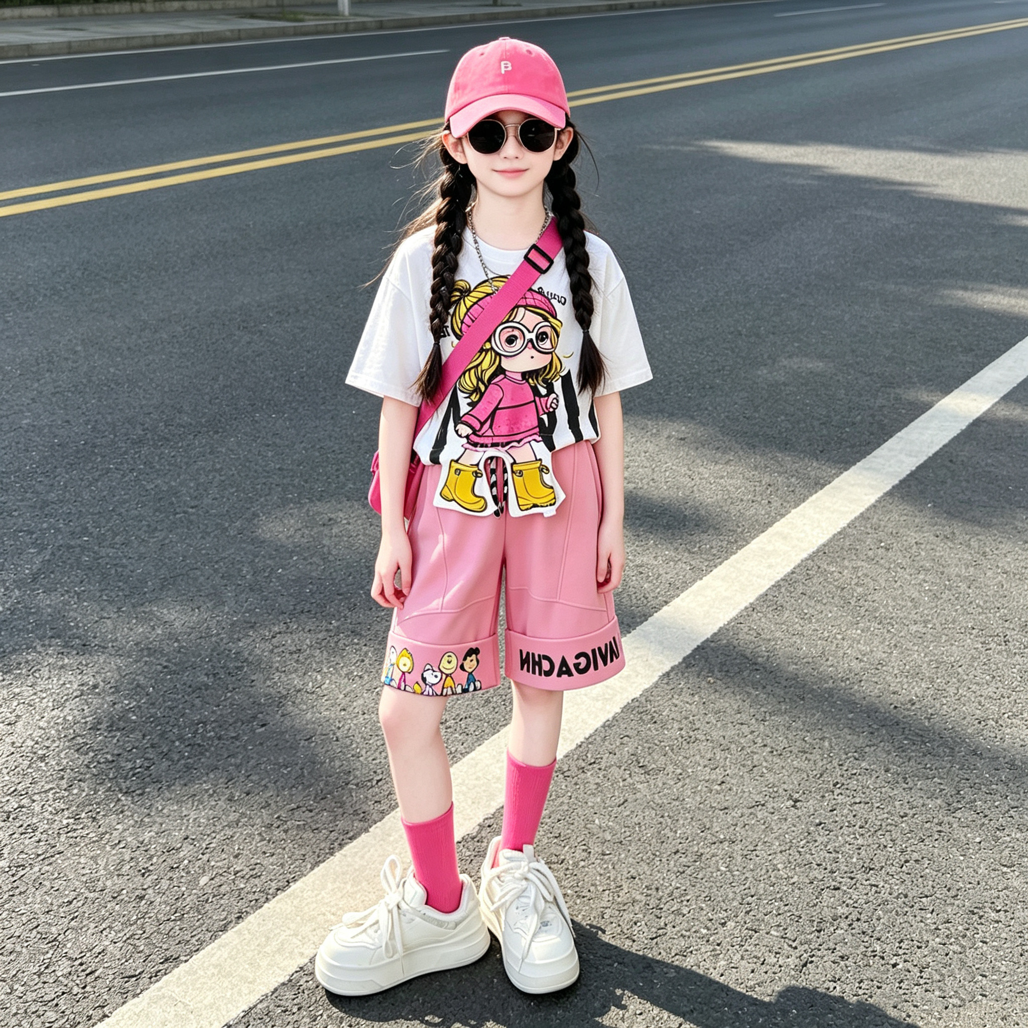 女童时髦T恤卡通短裤两件套