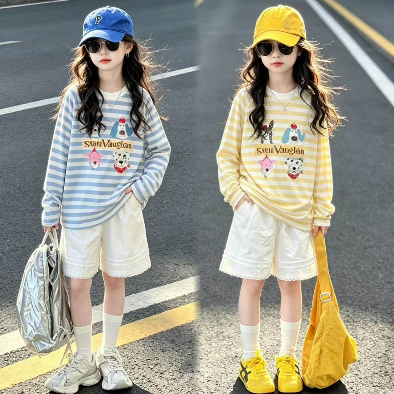 女童卡通条纹防晒衫五分裤套装