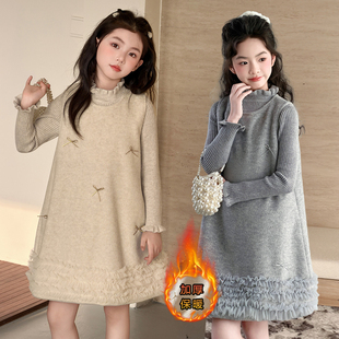 韩国女童超好看加厚小香风花边呢子背心连衣裙打底衫毛衣公主套装