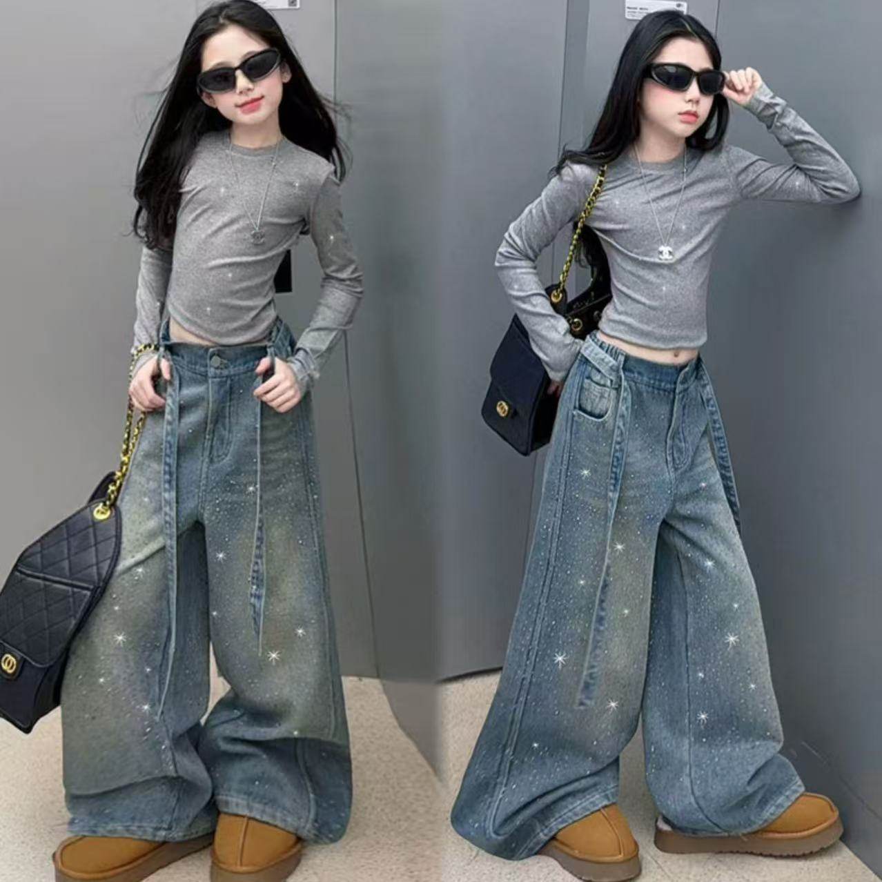 女童潮酷炸街烫钻修身打底衫重工满天星爆闪牛仔阔腿裤时髦套装韩,童装/婴儿装/亲子装,套装,淘宝优惠券,粉丝福利购,淘宝优惠卷