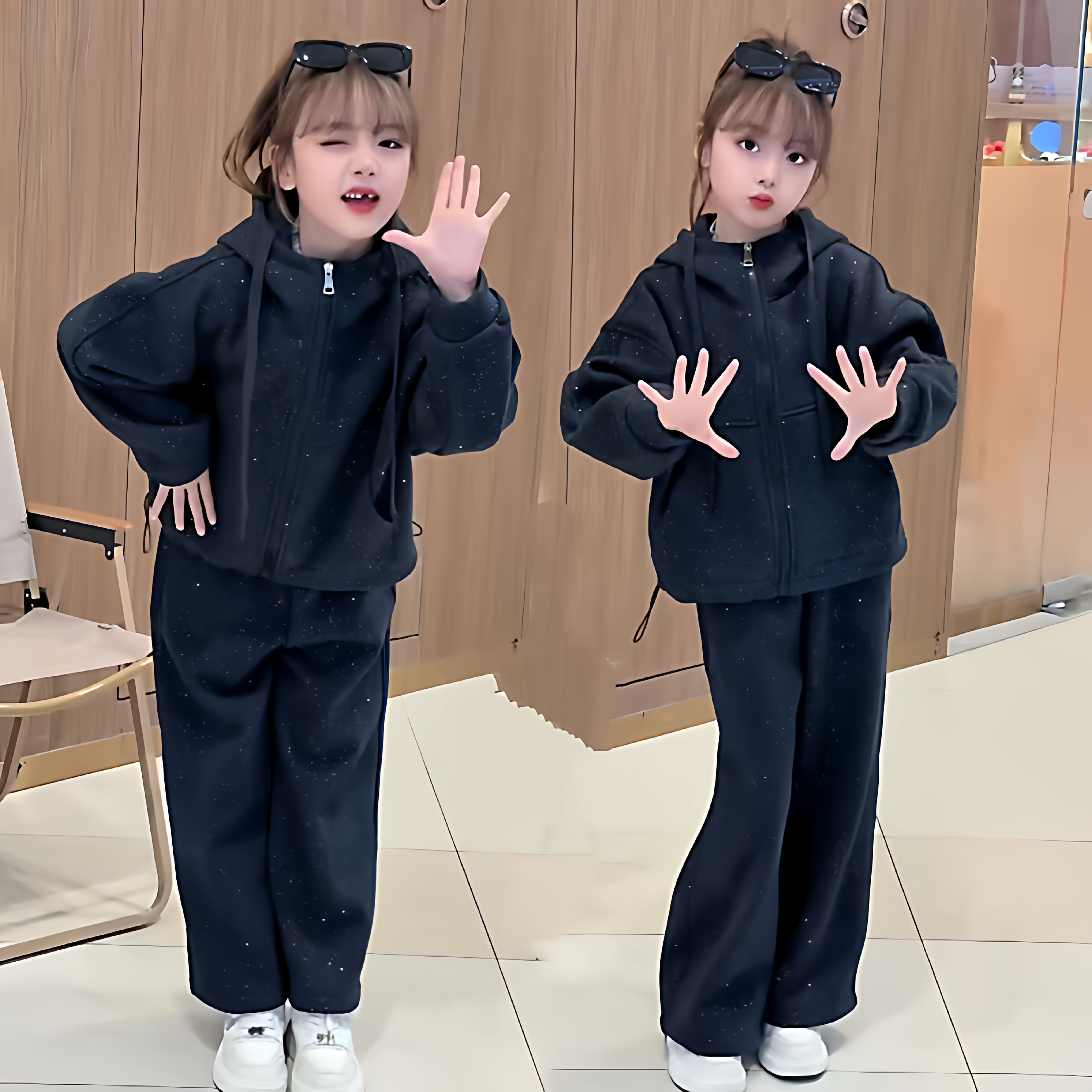 超好看一体绒女童满天星连帽卫衣外套阔腿裤中大童冬季运动套装潮