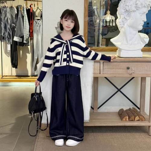 女童学院风针织衫毛衣阔腿裤套装