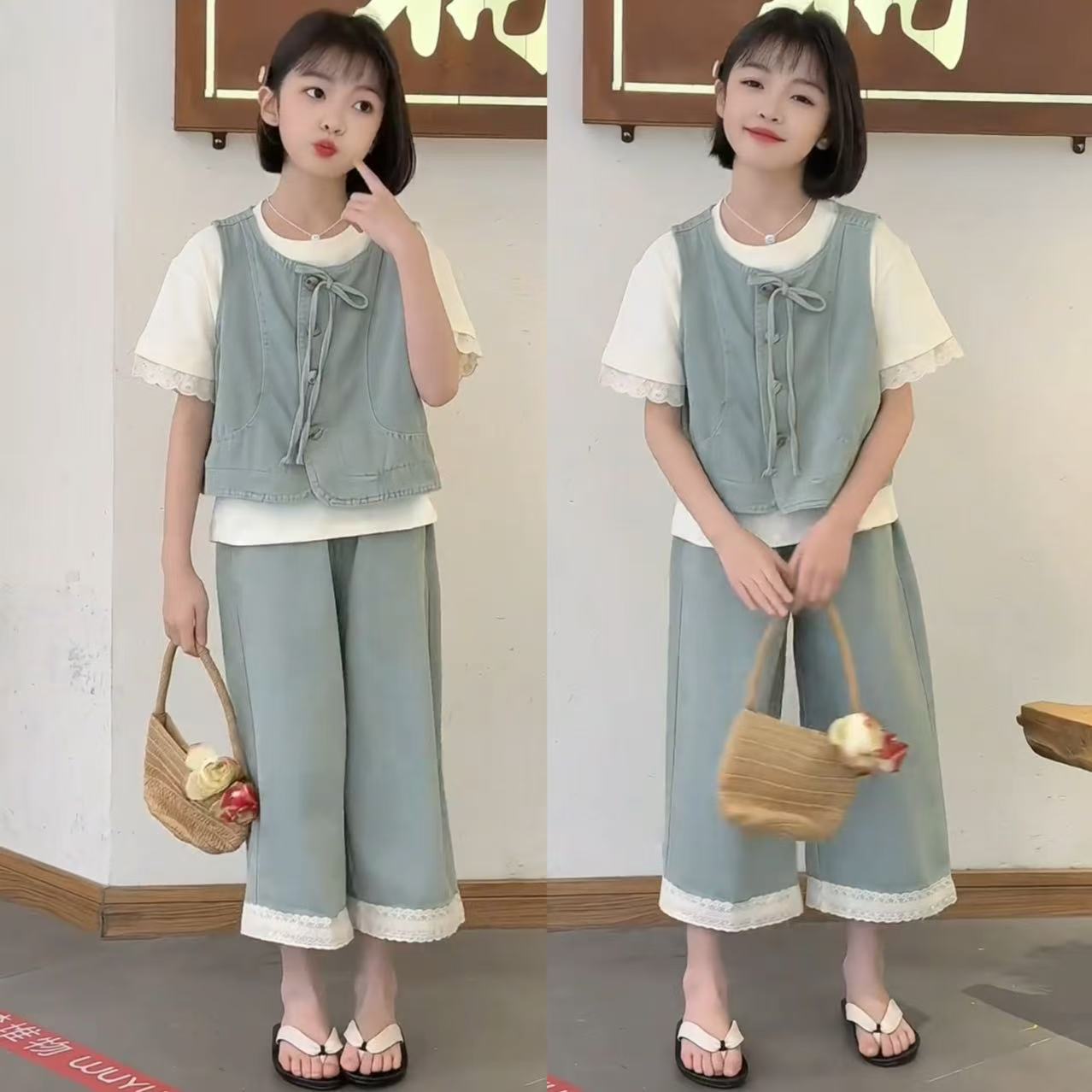 女童夏季薄款牛仔套装2025新款韩系花边短袖马甲九分阔腿裤三件套