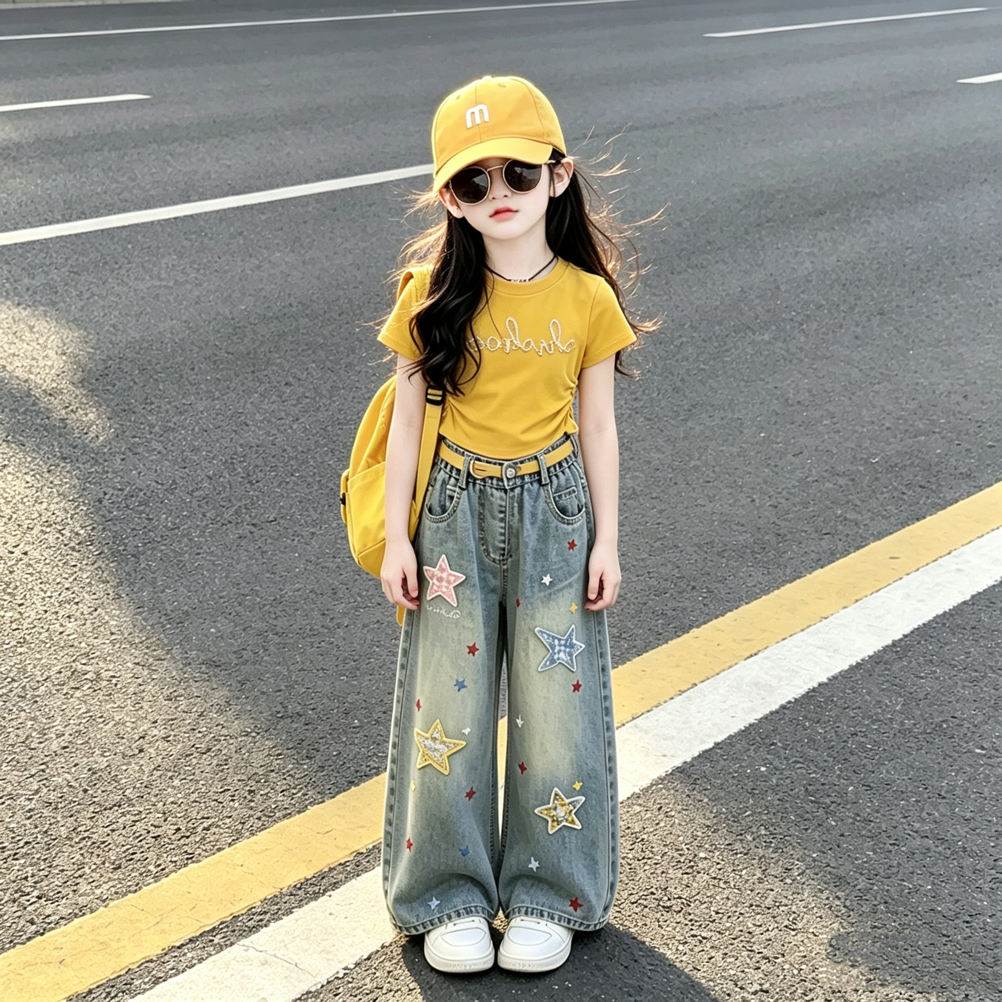 女童修身短款T恤刺绣牛仔裤套装