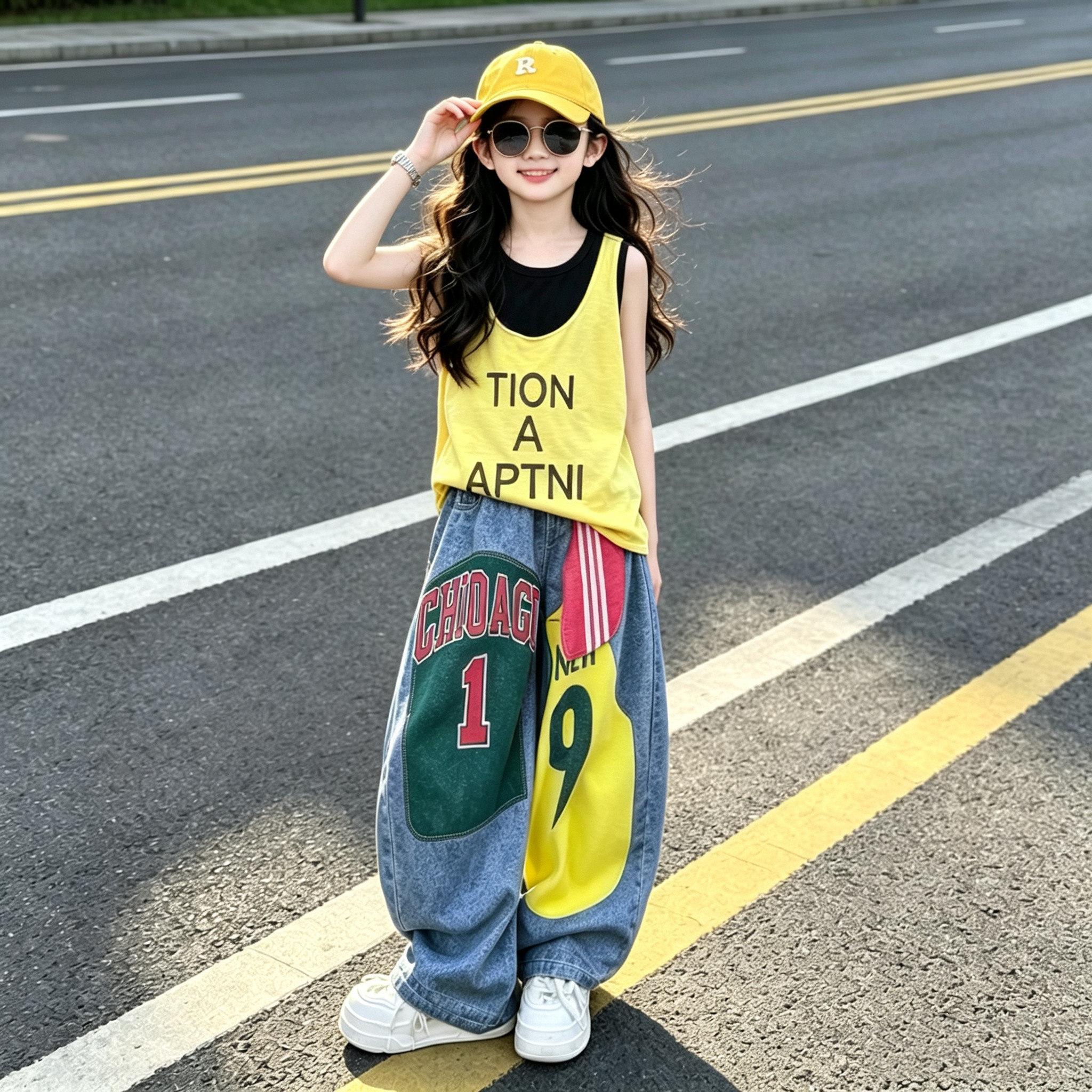 女童假两件背心印花牛仔裤套装